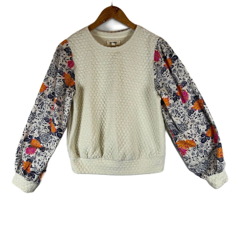 Porridge‎ Anthropologie Women's Quilted Sweater Floral Puff Sleeve Cream Size S